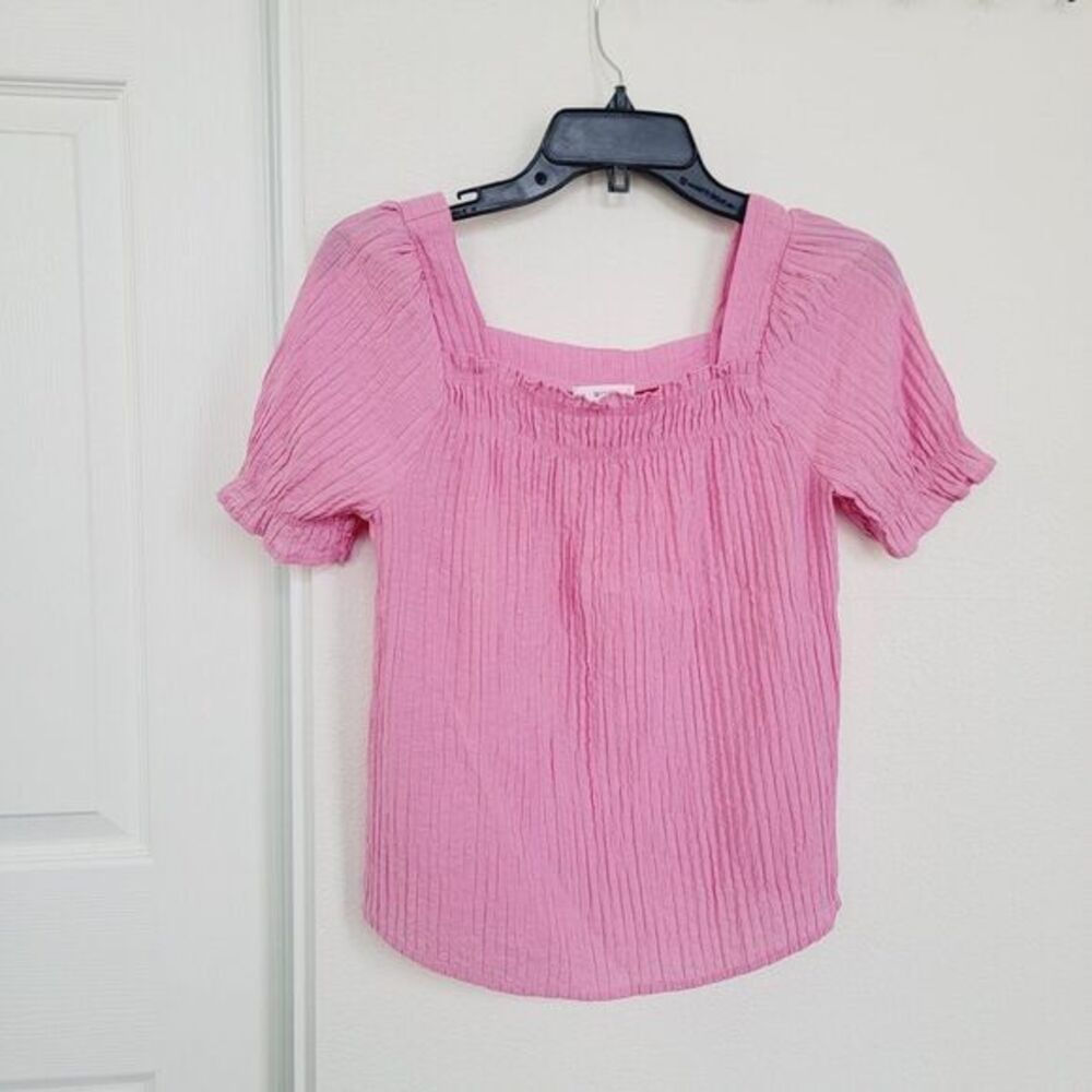 Mine Pink Crop Top Short Sleeve Size‎ Small Button Rayon Beachy Coastal Peasant